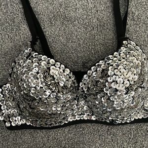 Sequin Embellished Black and Silver Bra